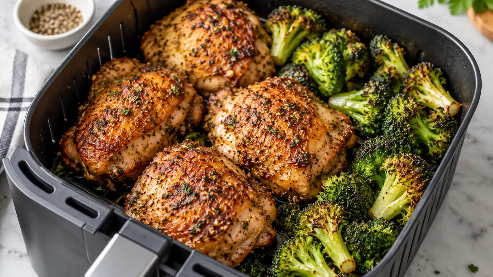 Air fryer chicken thighs and roasted broccoli in an air fryer basket