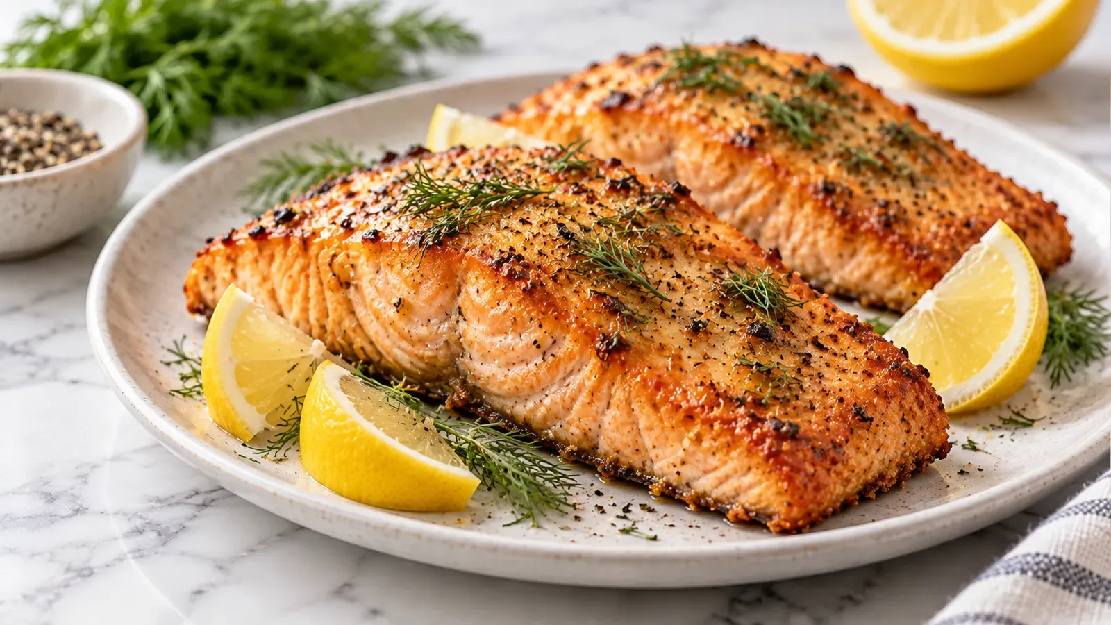 Air fryer salmon fillets with lemon slices, garlic, and fresh dill on a plate