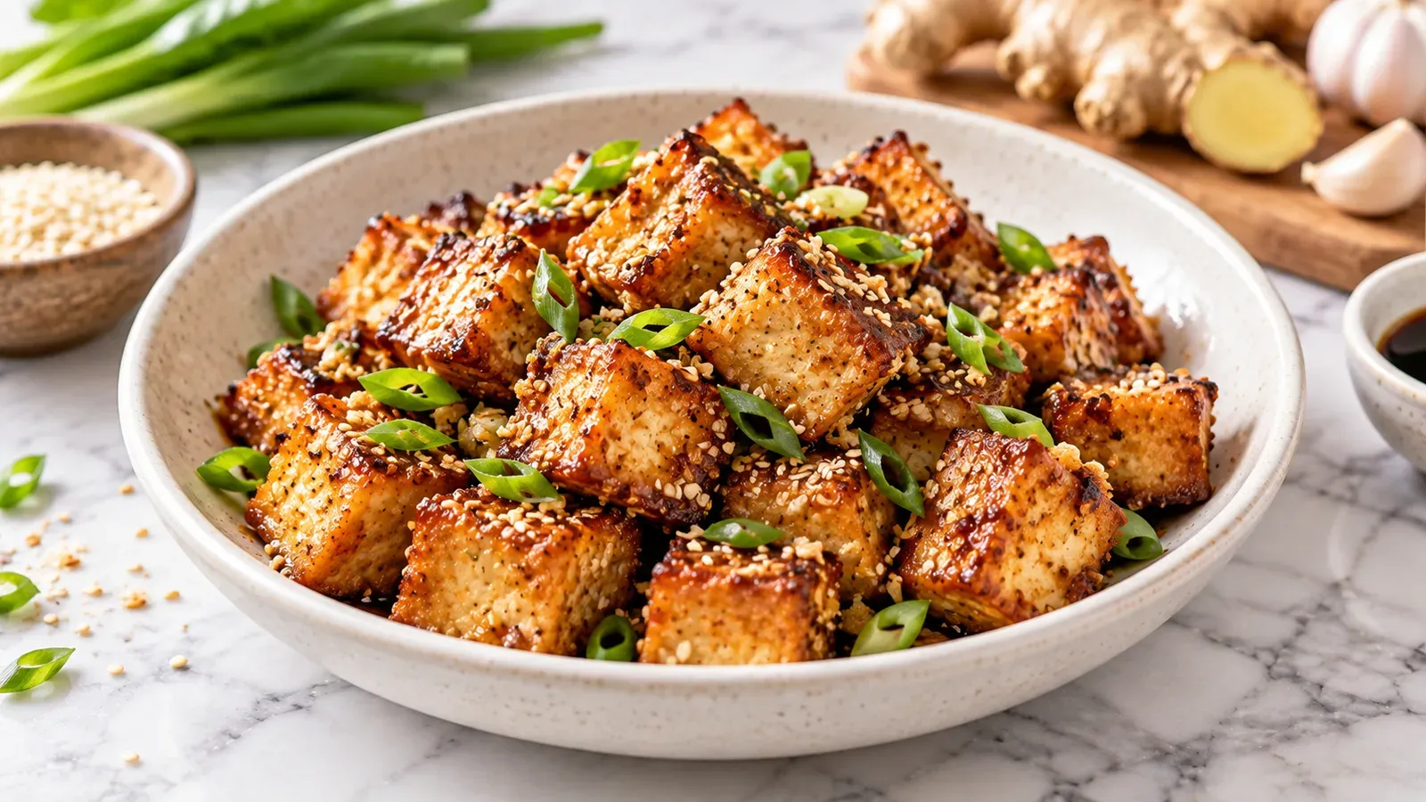 Crispy air fryer tofu cubes glazed with soy-sesame sauce, sprinkled with sesame seeds and green onion