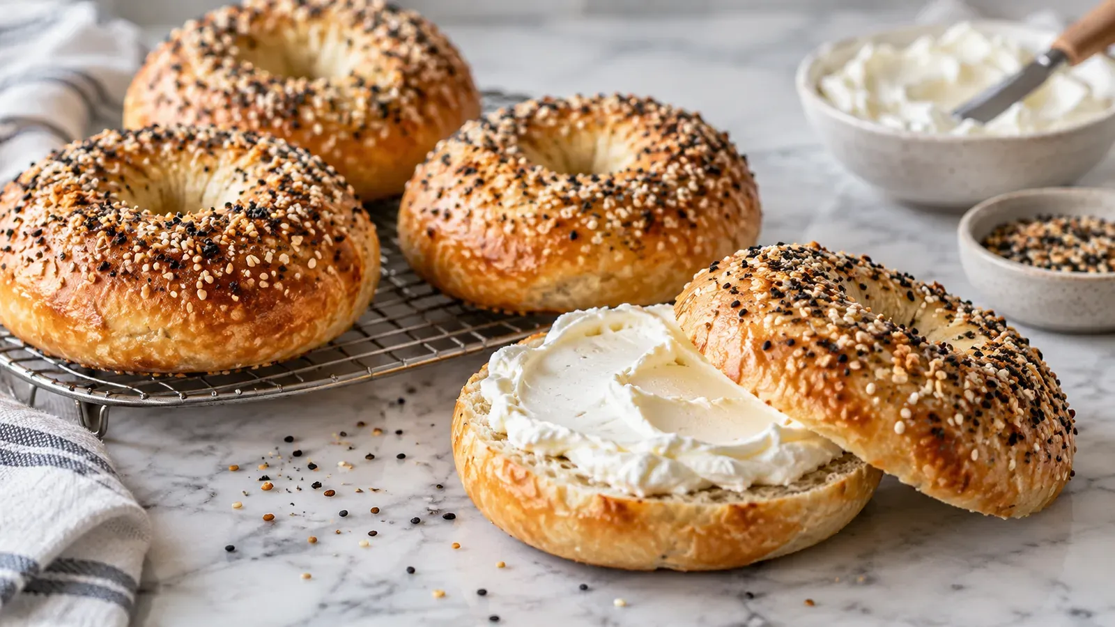 Four everything-seasoned high-protein bagels on a cooling rack, one halved and spread with cream cheese