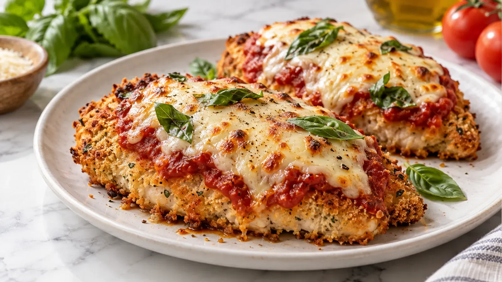 Baked chicken parmesan with an almond flour crust, topped with melted mozzarella, marinara, and fresh basil