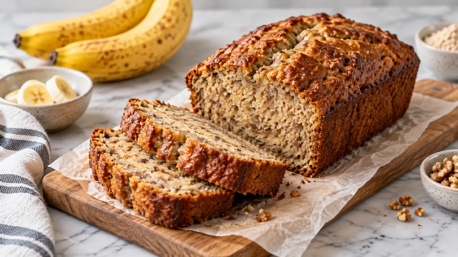 A sliced loaf of high-protein banana bread on a wood board, with whole bananas and walnuts alongside