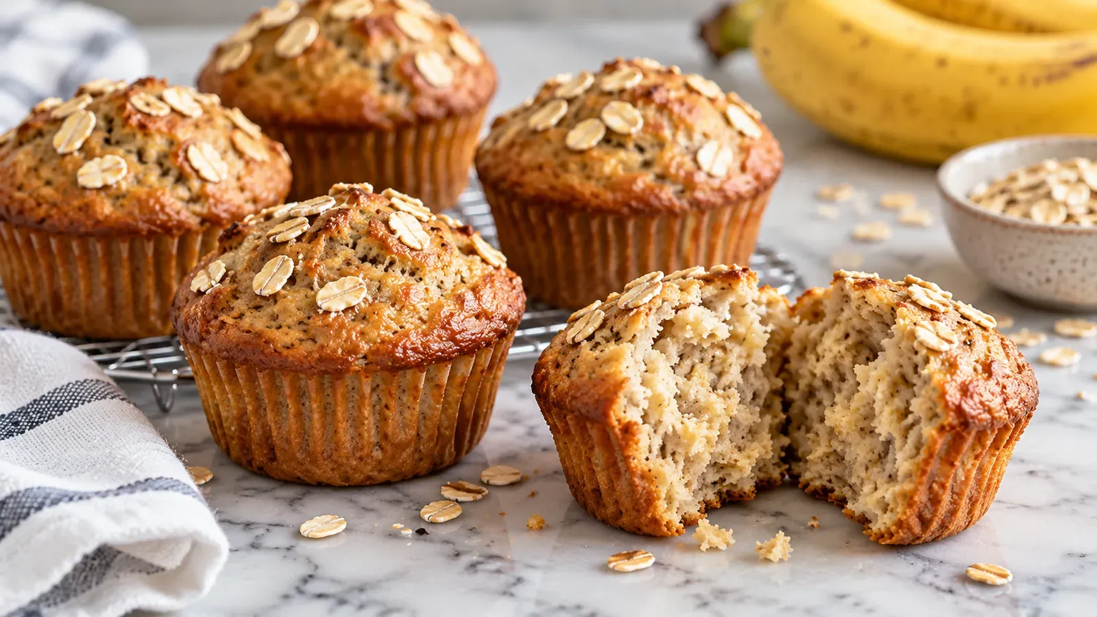 High-protein banana oat muffins on a cooling rack, one split open showing the crumb