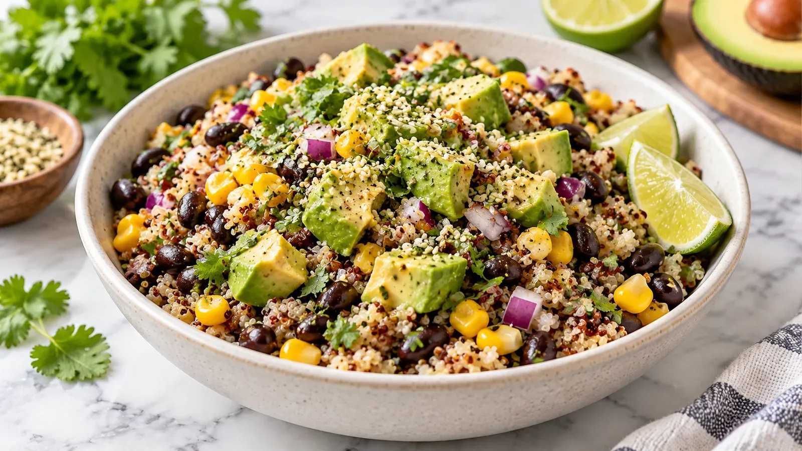 A grain bowl with black beans, quinoa, corn, and sliced avocado