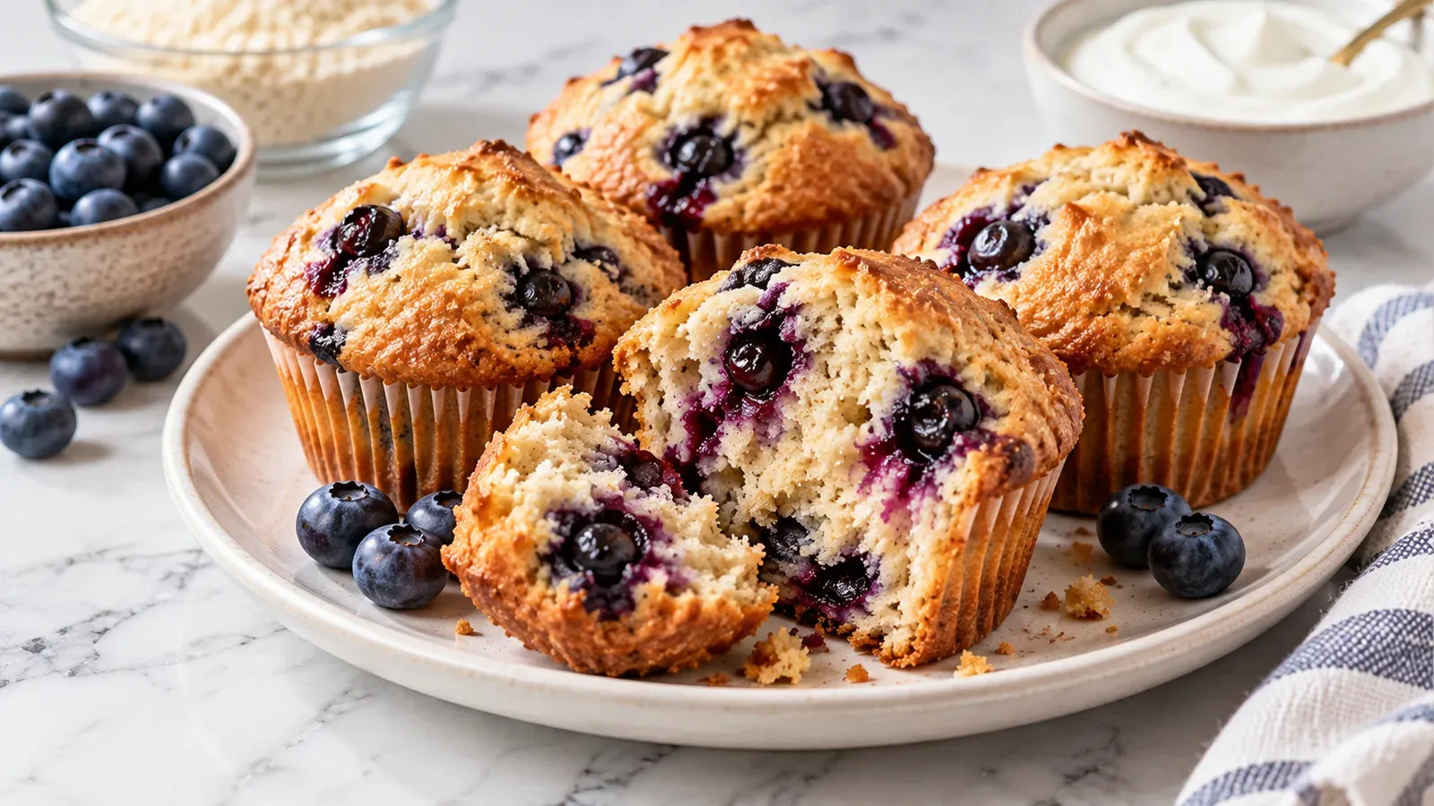High-protein blueberry muffins on a cooling rack, one split open showing the crumb