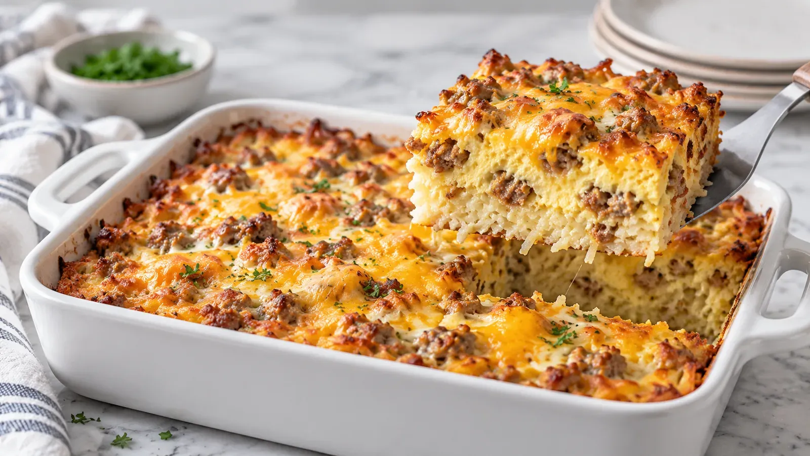 A square of high-protein breakfast casserole with sausage and melted cheese lifted from the baking dish