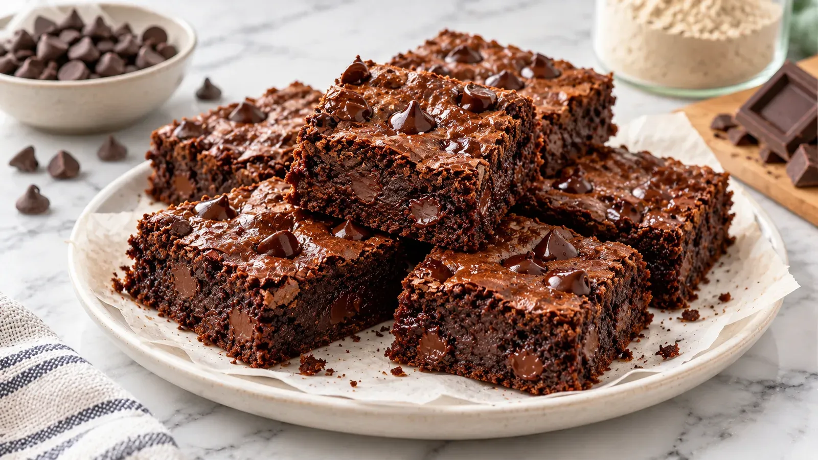 Stacked chocolate chip brownie squares on a plate, with a bowl of chocolate chips and a jar of protein powder alongside