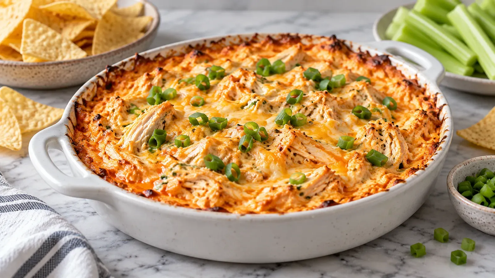 A baked dish of high-protein buffalo chicken dip topped with melted cheese and green onion, with tortilla chips and celery alongside