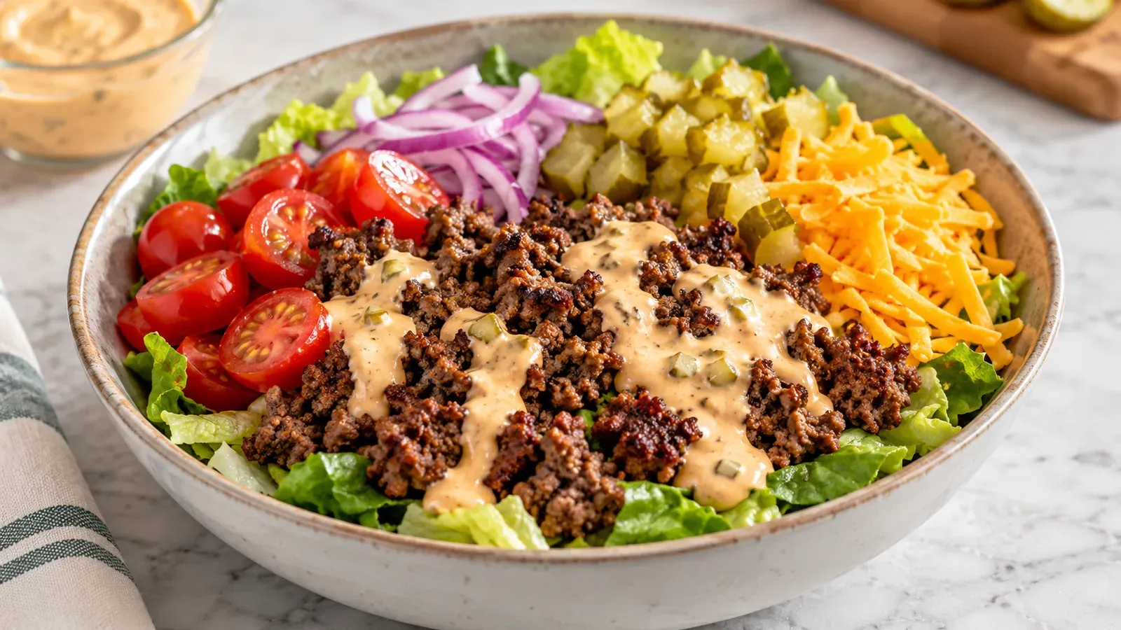 A high-protein burger bowl with seasoned ground beef and burger sauce over romaine, with cherry tomatoes, red onion, chopped pickles, and shredded cheddar