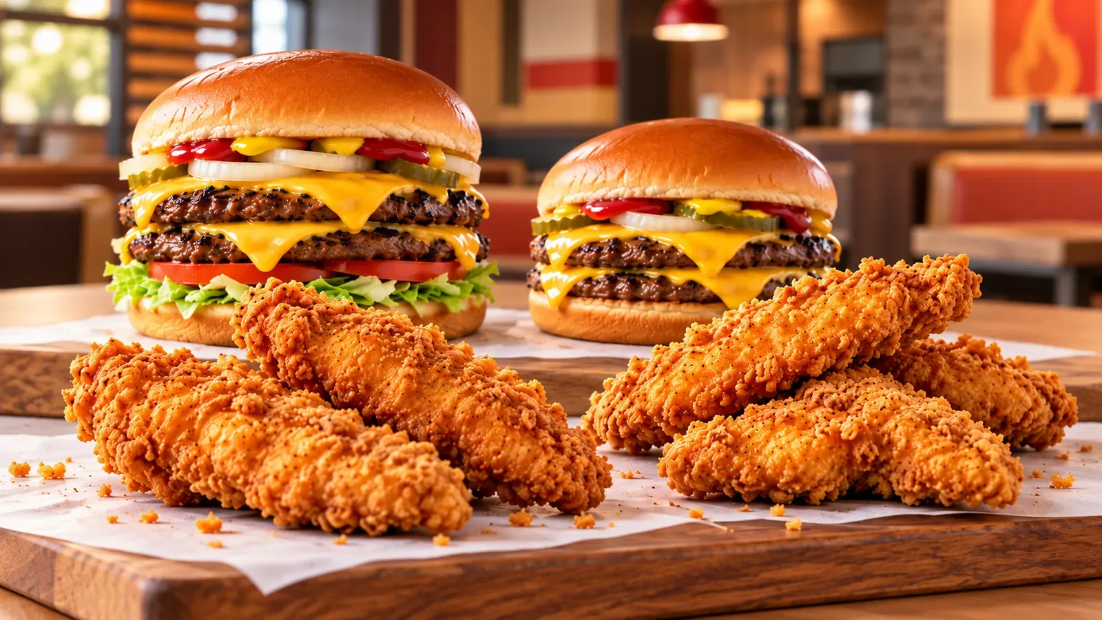 Burger King-inspired high-protein spread with two double cheeseburgers and a pile of crispy chicken tenders on a wooden board