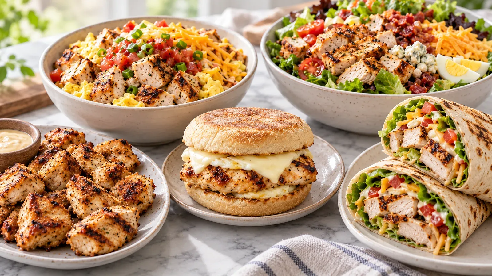Chick-fil-A-inspired high-protein spread with grilled chicken nuggets, a grilled chicken breakfast sandwich, a scramble bowl, a Cobb salad with grilled chicken, and a grilled chicken wrap