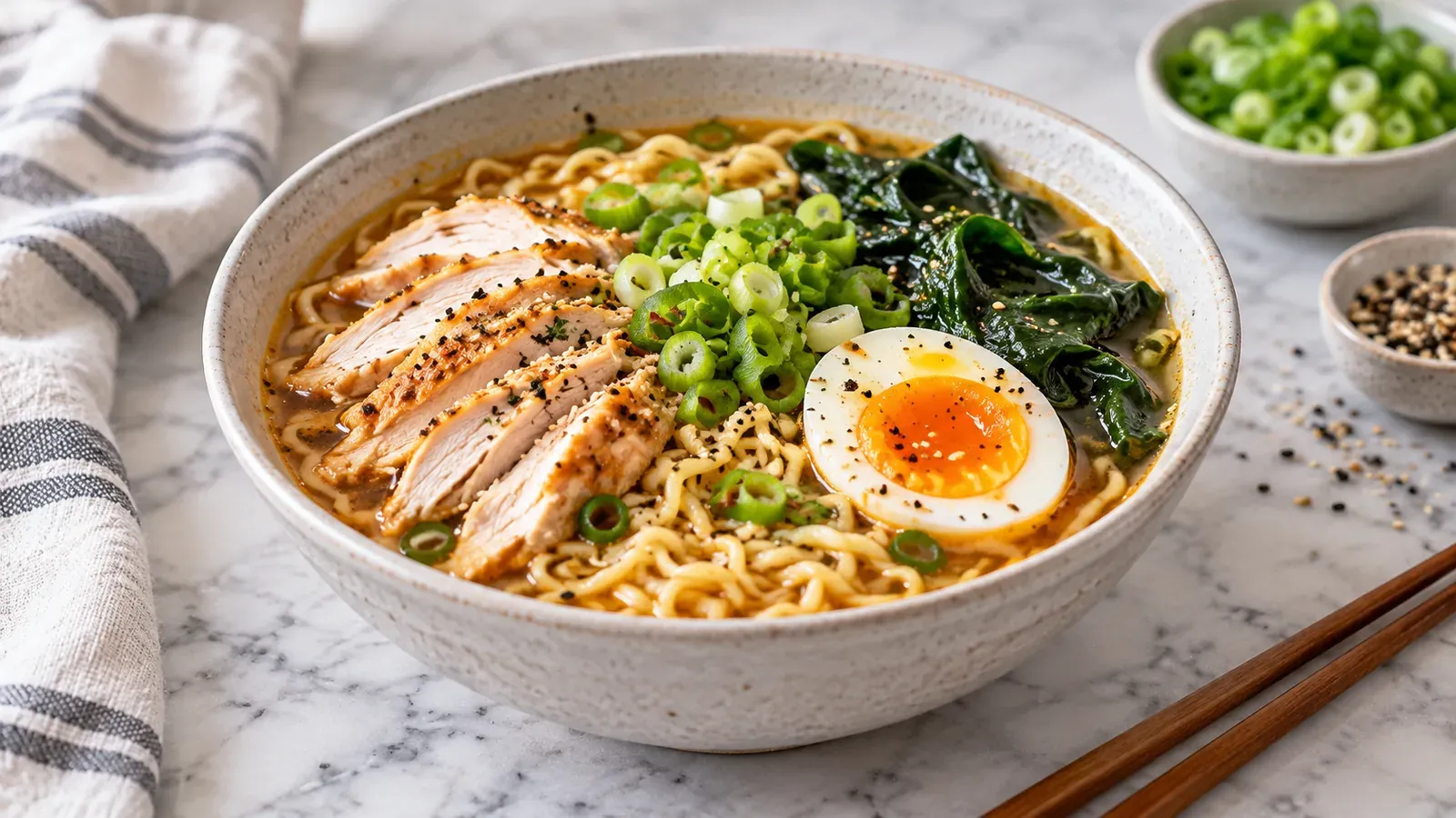 A bowl of high-protein chicken ramen with sliced chicken, a soft-boiled egg, and greens