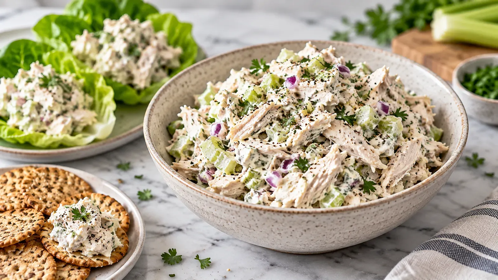 A bowl of high-protein chicken salad with lettuce cups and crackers alongside