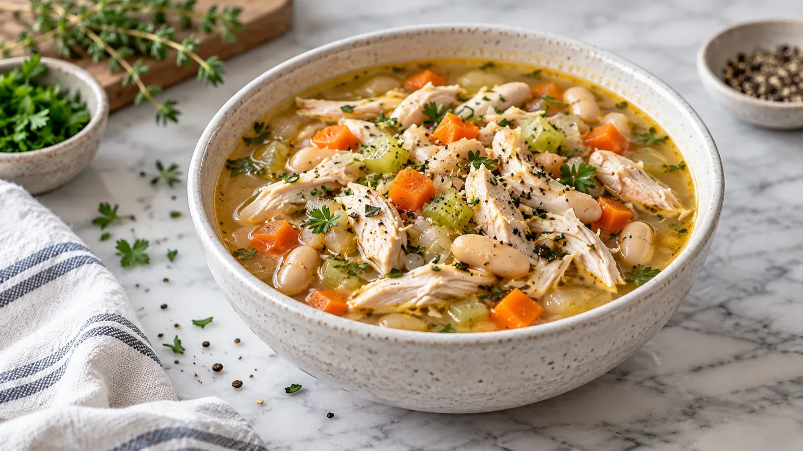 A bowl of high-protein chicken and white bean soup with carrots and celery