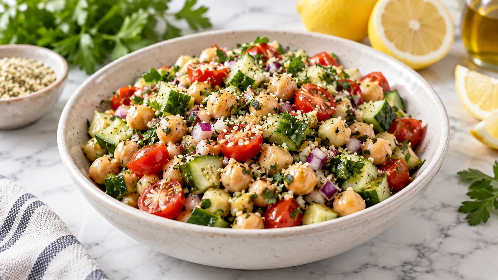 A bowl of high-protein chickpea salad with cucumber, tomato, red onion, and hemp hearts, lemon halves alongside