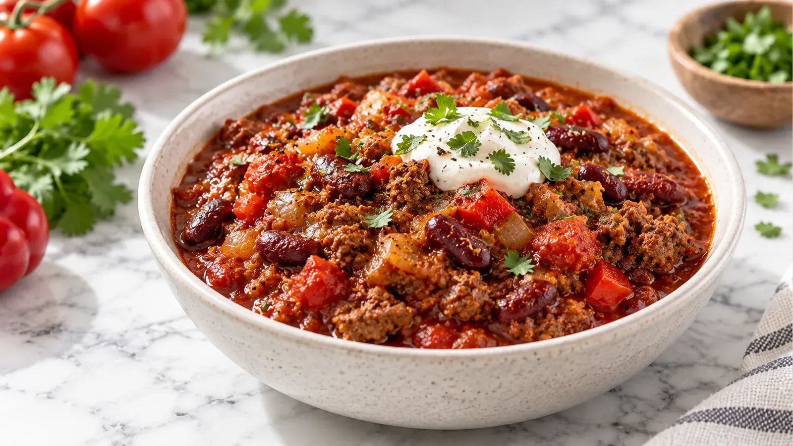 A bowl of high-protein beef chili with kidney beans, topped with cheese and green onion