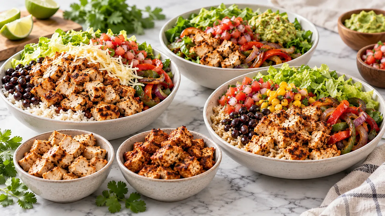 Chipotle-inspired high-protein chicken burrito bowls with rice, black beans, fajita veggies, salsa, and guacamole, plus two cups of grilled chicken