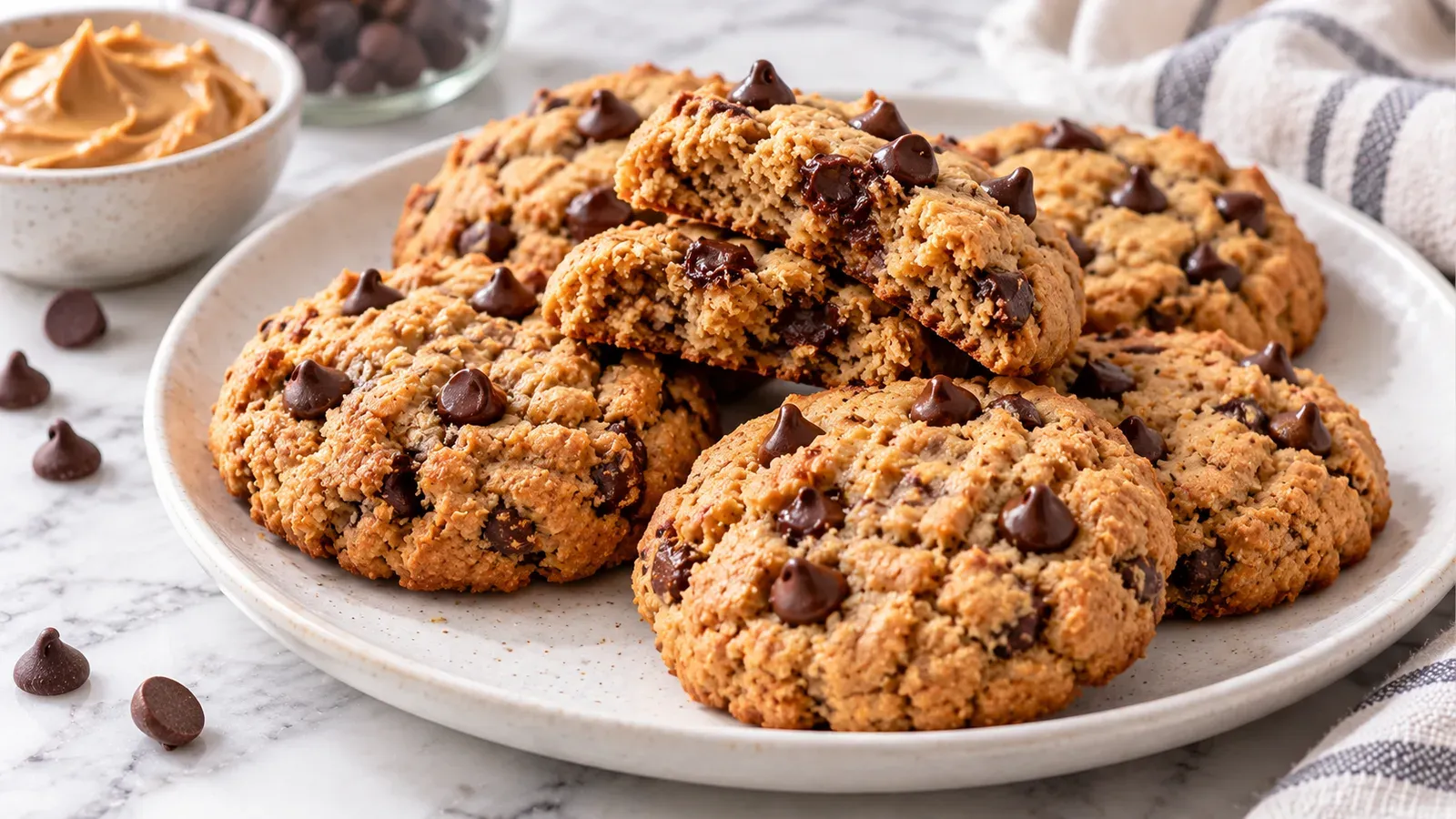 Flourless peanut butter cookies with dark chocolate chips, stacked on a plate