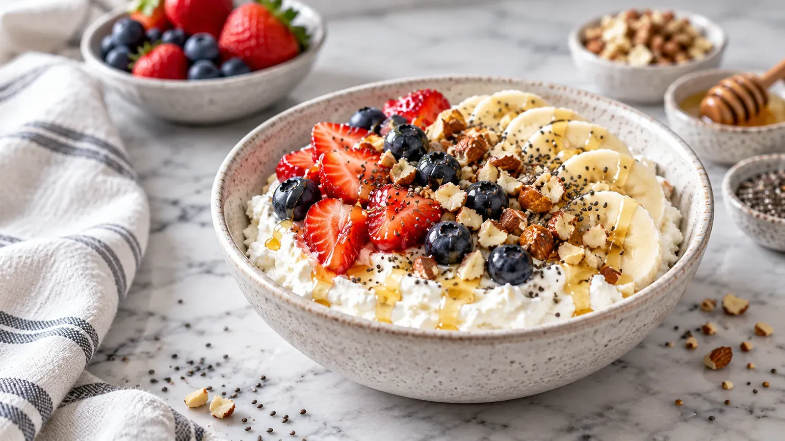 A whipped cottage cheese bowl topped with strawberries, blueberries, banana, and nuts