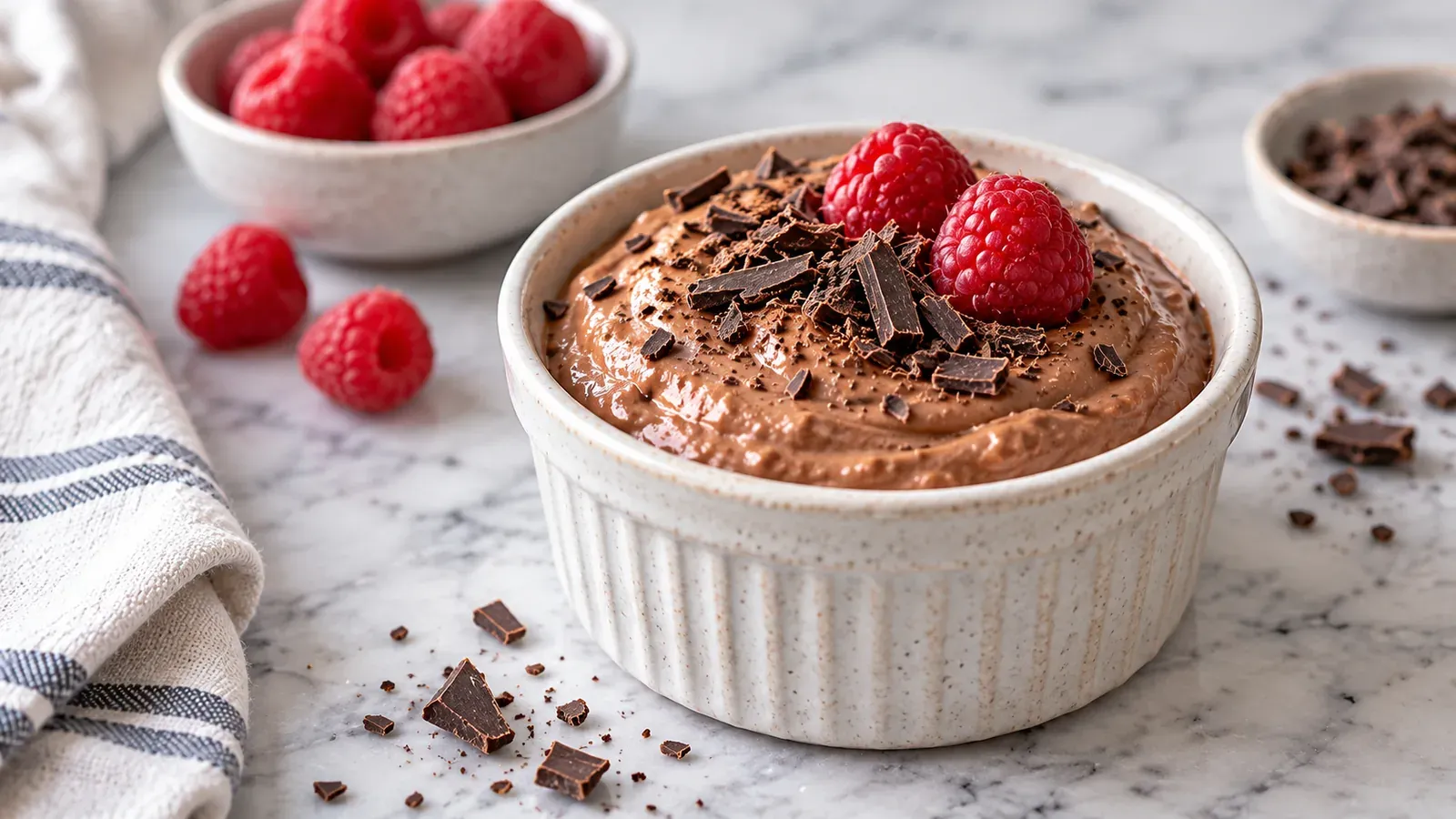 A ramekin of high-protein chocolate cottage cheese pudding topped with chocolate shavings and raspberries