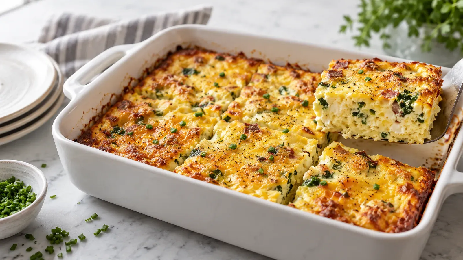 A high-protein cottage cheese egg bake sliced into portions in a baking dish