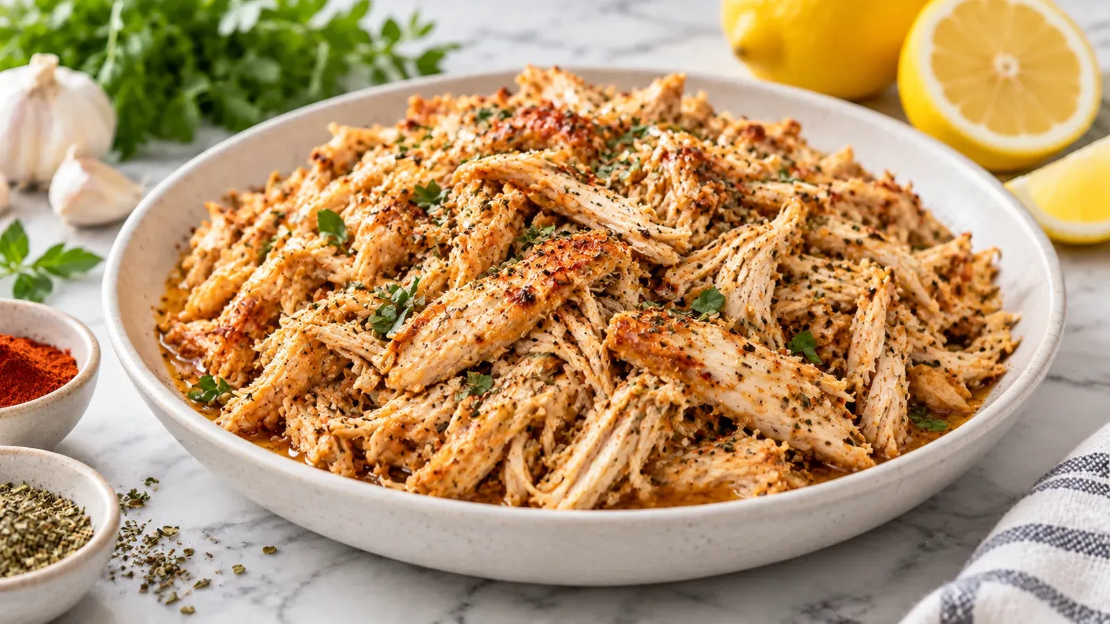 Shredded slow cooker chicken in a bowl with a light spice rub