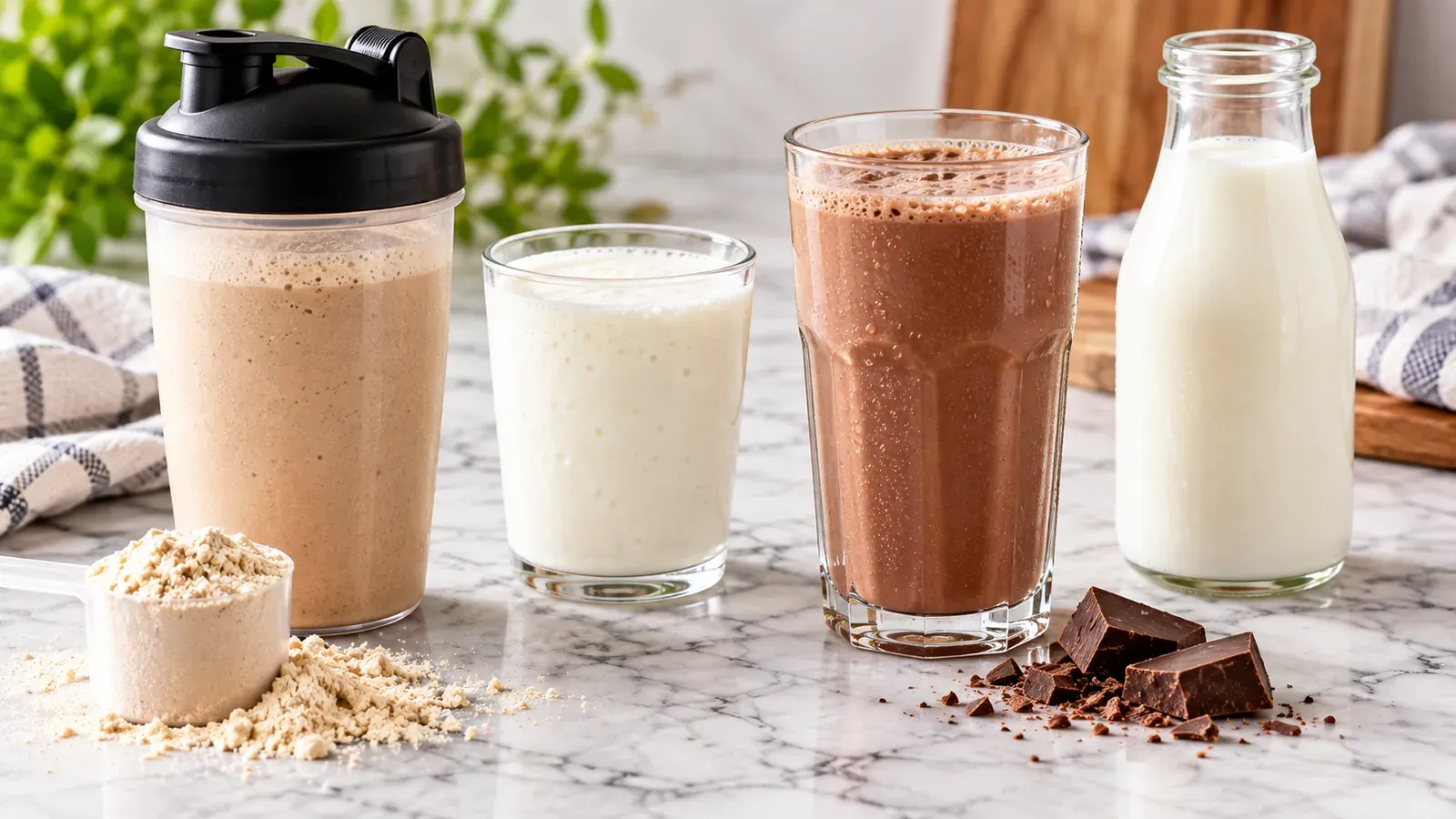Protein-rich drinks including a mixed protein shake, kefir, chocolate milk, and whole milk.