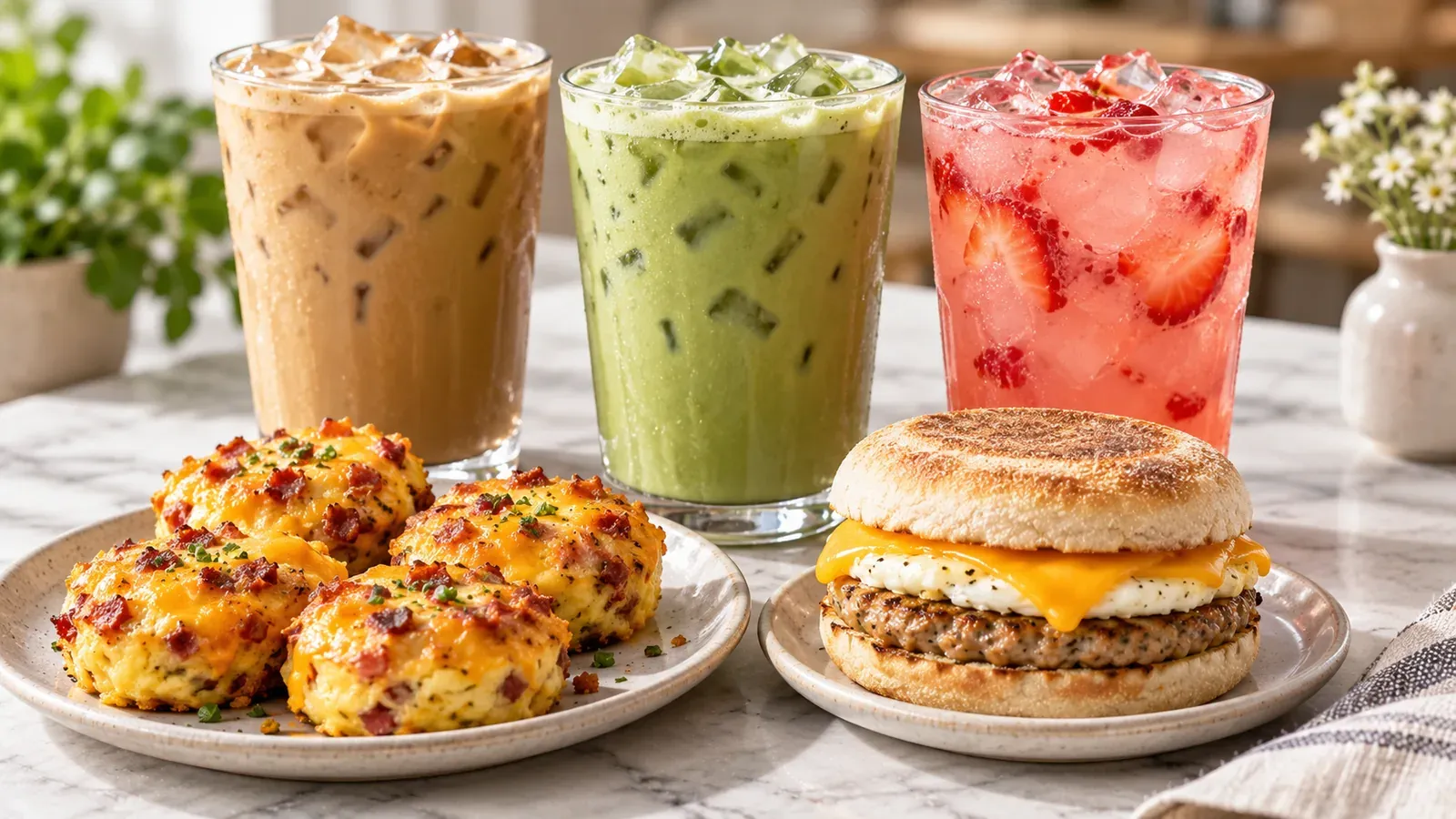 Dunkin-inspired high-protein spread with an iced latte, an iced matcha latte, a strawberry refresher, cheesy omelet bites, and a sausage, egg, and cheese English muffin