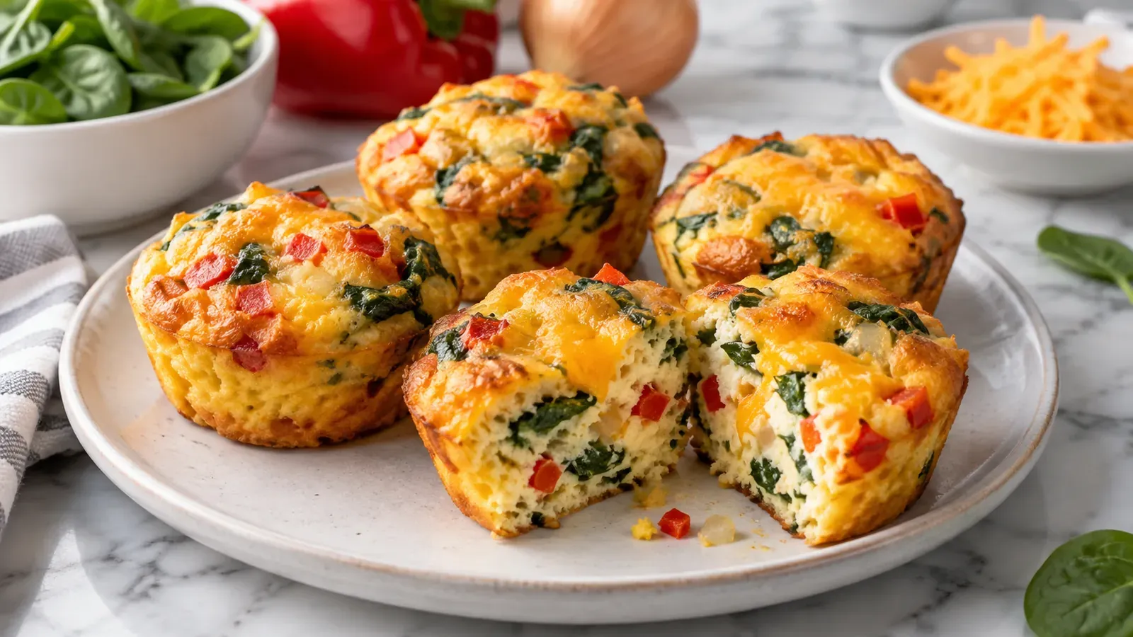 High-protein egg muffins with bell pepper, spinach, and cheddar, one cut open to show the inside