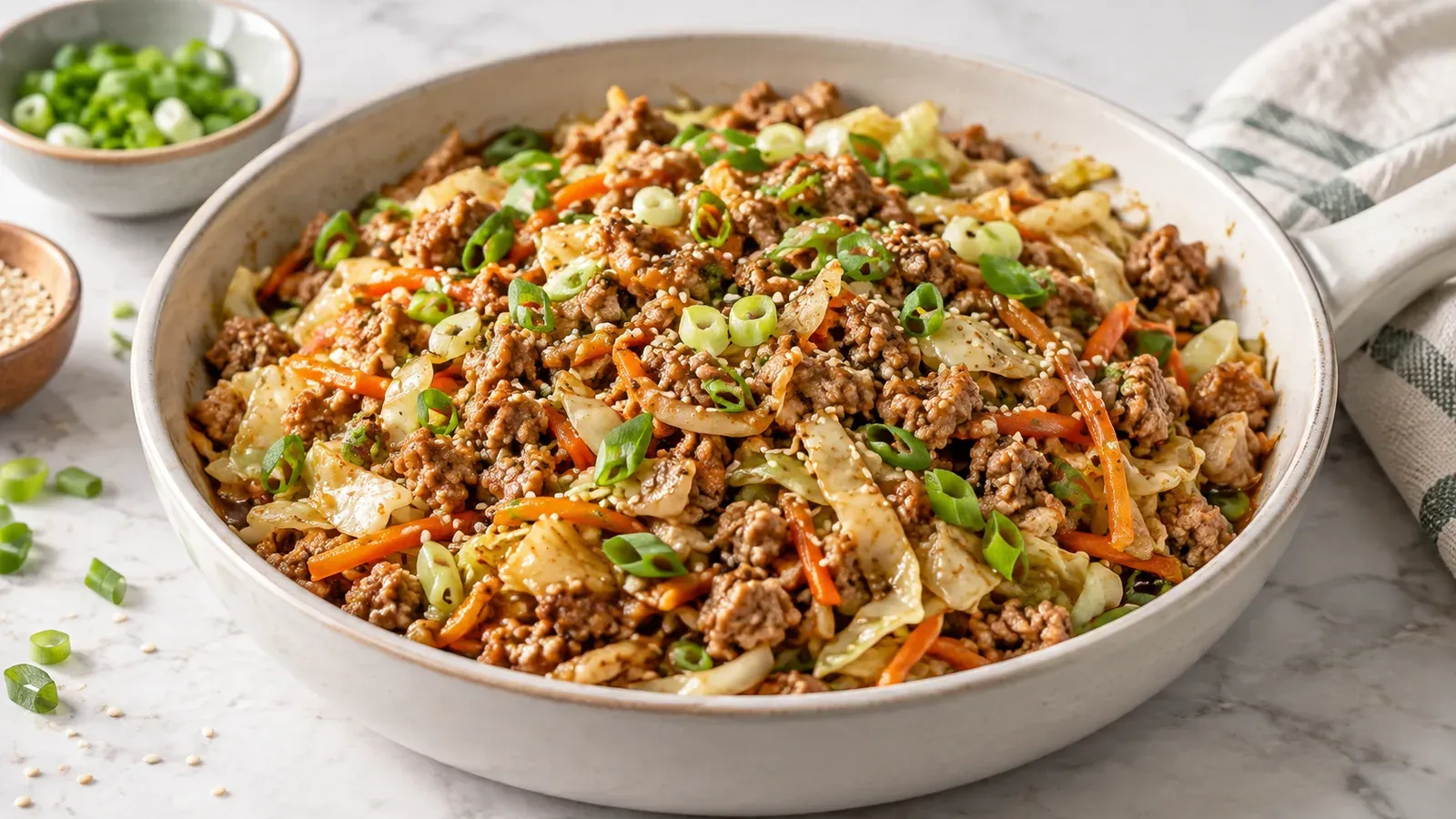 A skillet of high-protein egg roll in a bowl with ground turkey, cabbage, and carrots