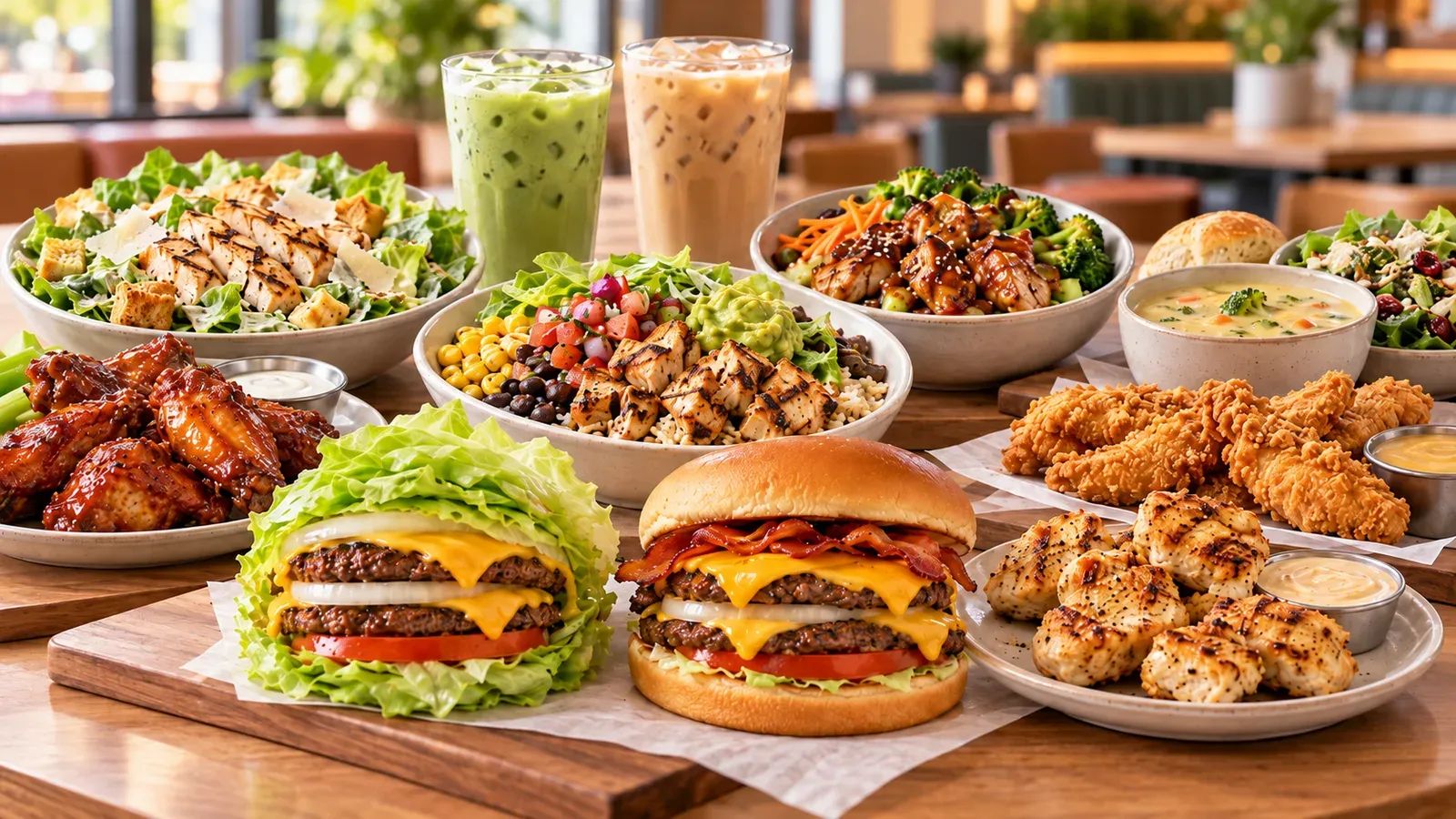 High-protein fast food spread with a lettuce-wrapped burger, a bacon double cheeseburger, wings, grilled and crispy chicken tenders, a chicken Caesar salad, a chicken burrito bowl, a teriyaki chicken bowl, soup, and two iced protein drinks