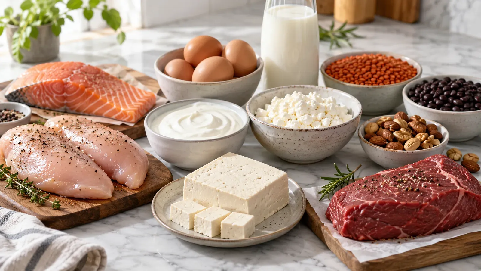 Assortment of high-protein foods including chicken breast, salmon, steak, eggs, Greek yogurt, cottage cheese, tofu, beans, lentils, nuts, and milk arranged on a marble surface