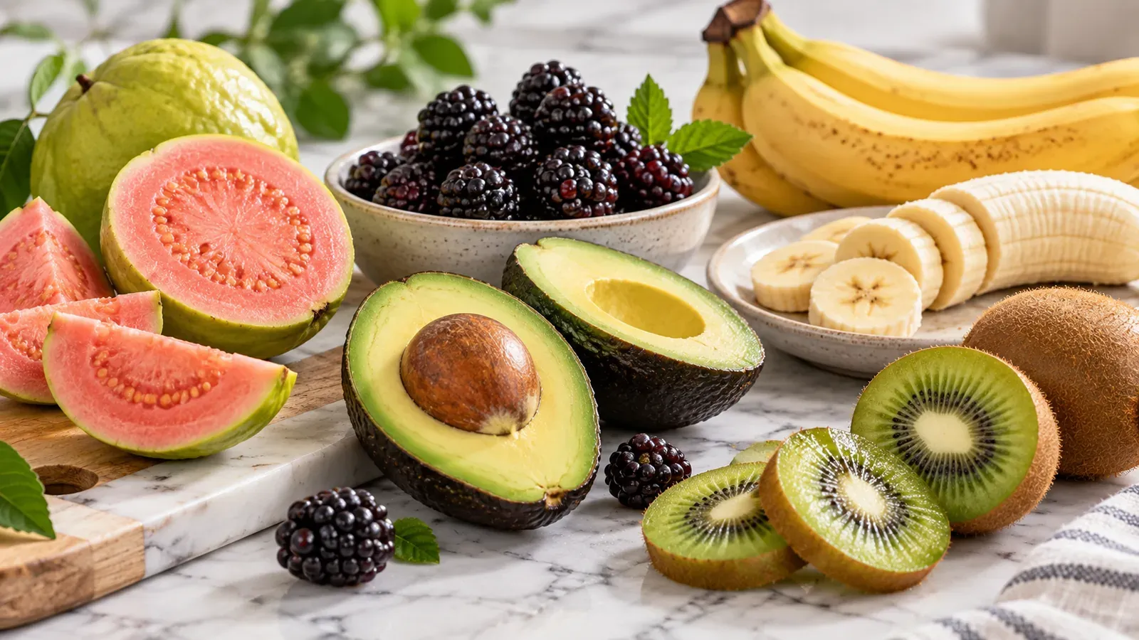 Guava, avocado, blackberries, kiwi, and banana arranged on a light marble counter.