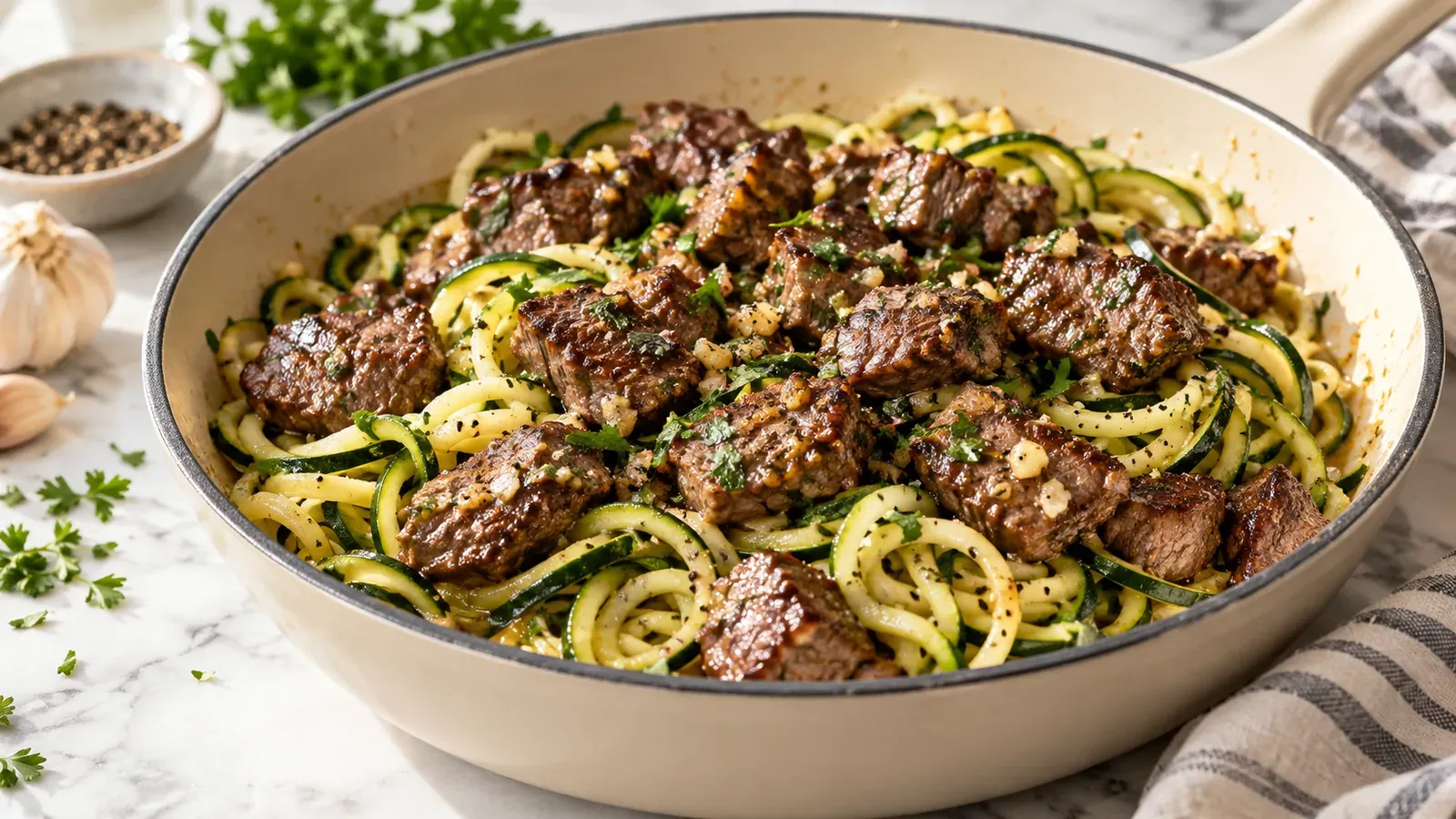 Garlic butter steak bites over zucchini noodles in a skillet