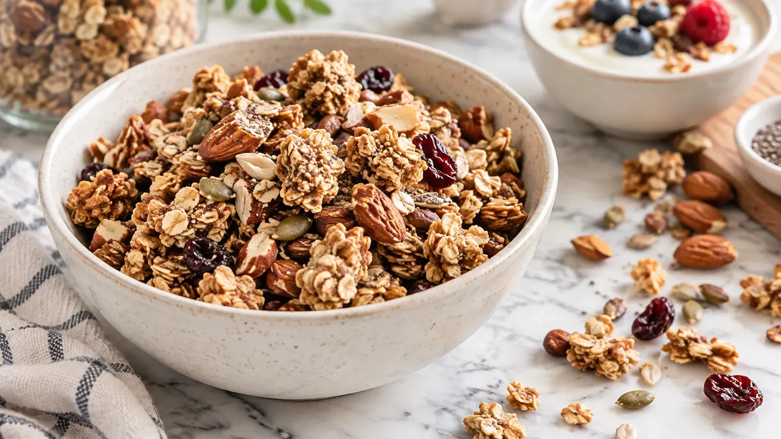 A bowl of high-protein granola clusters with almonds, pumpkin seeds, and dried cranberries
