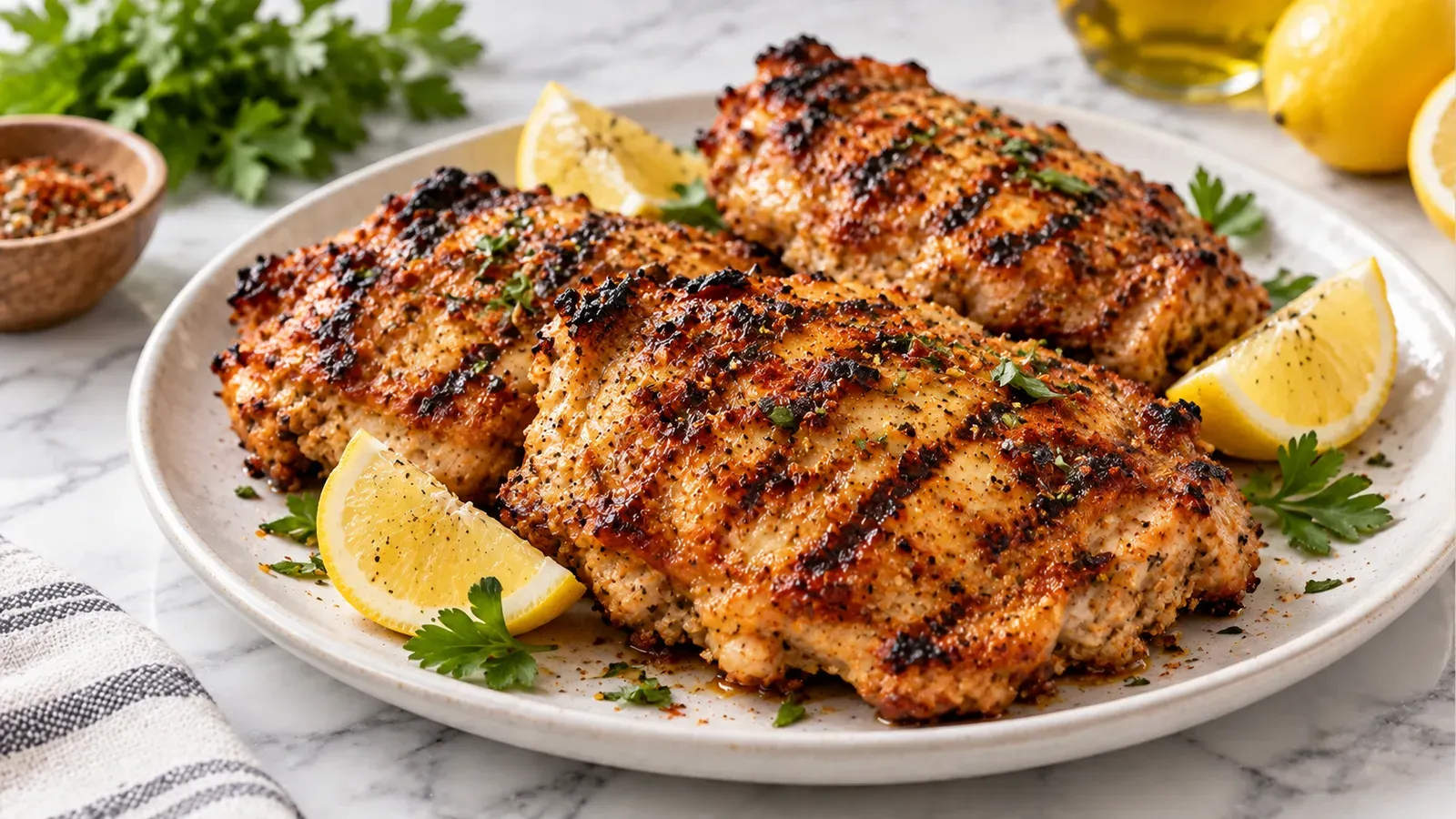 Grilled chicken thighs with a paprika-garlic rub on a plate
