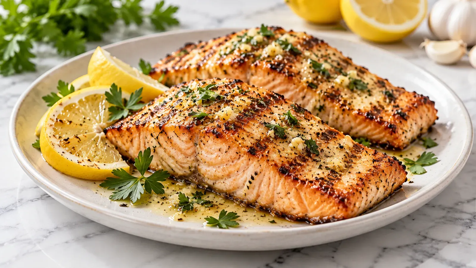 Grilled salmon fillets with lemon and garlic on a plate