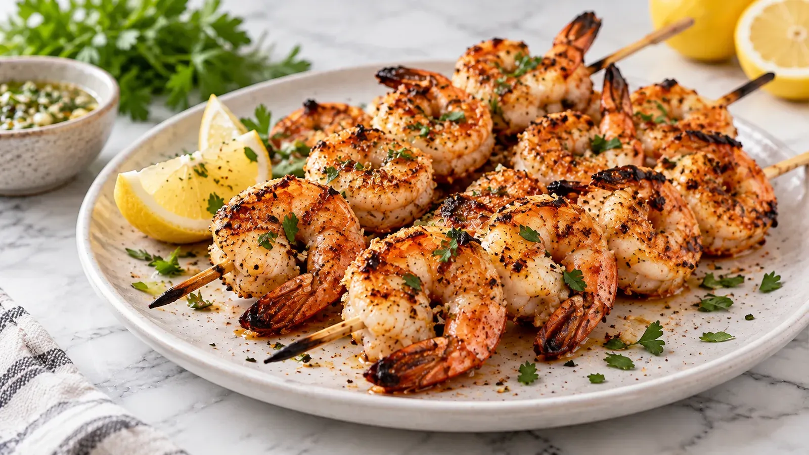 Grilled shrimp skewers with garlic and lemon on a plate