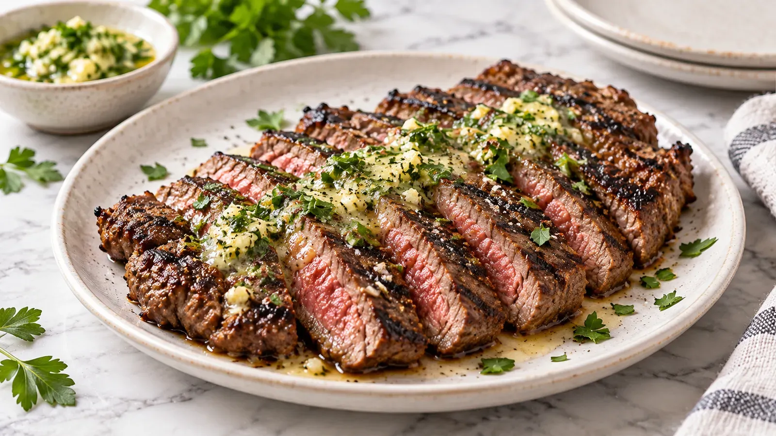 Sliced grilled flank steak finished with garlic butter and fresh parsley on a plate
