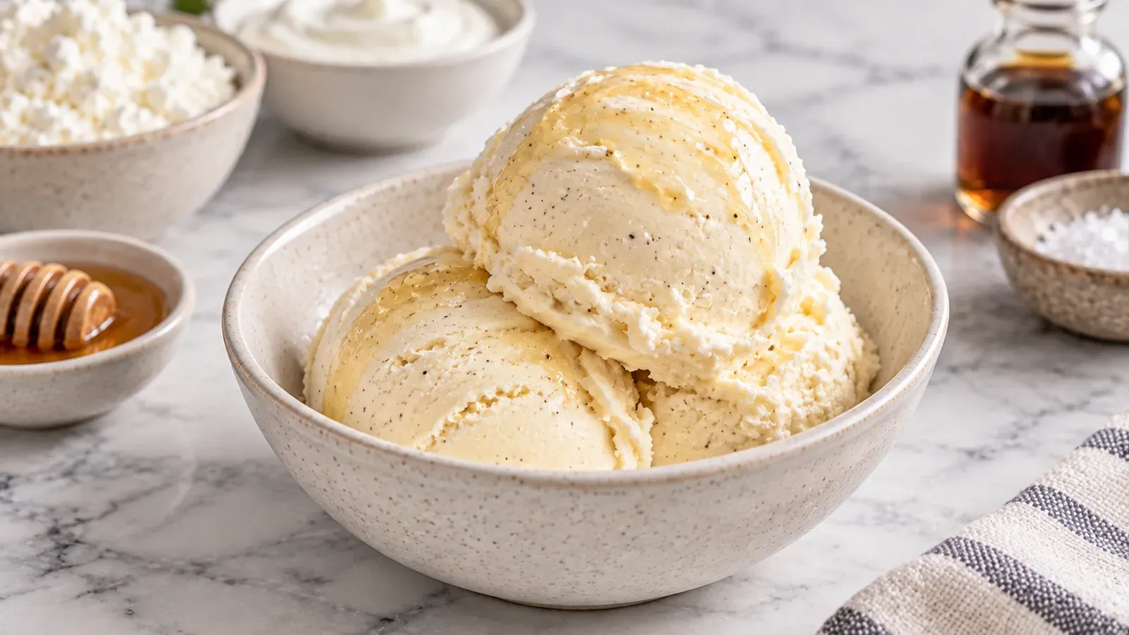A bowl of high-protein ice cream made from Greek yogurt and cottage cheese