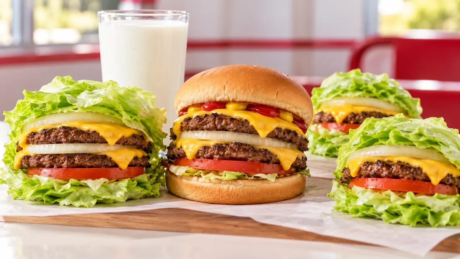In-N-Out-inspired high-protein spread with a double cheeseburger on a bun, three lettuce-wrapped double cheeseburgers, and a glass of milk