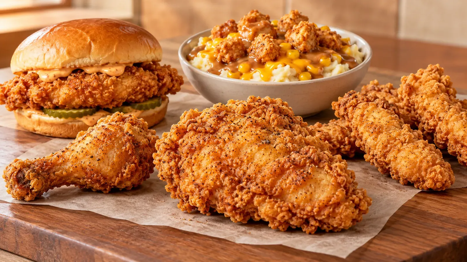 KFC-inspired high-protein spread with a fried chicken breast and drumstick, crispy chicken tenders, a fried chicken sandwich, and a mashed potato bowl with corn, gravy, and chicken