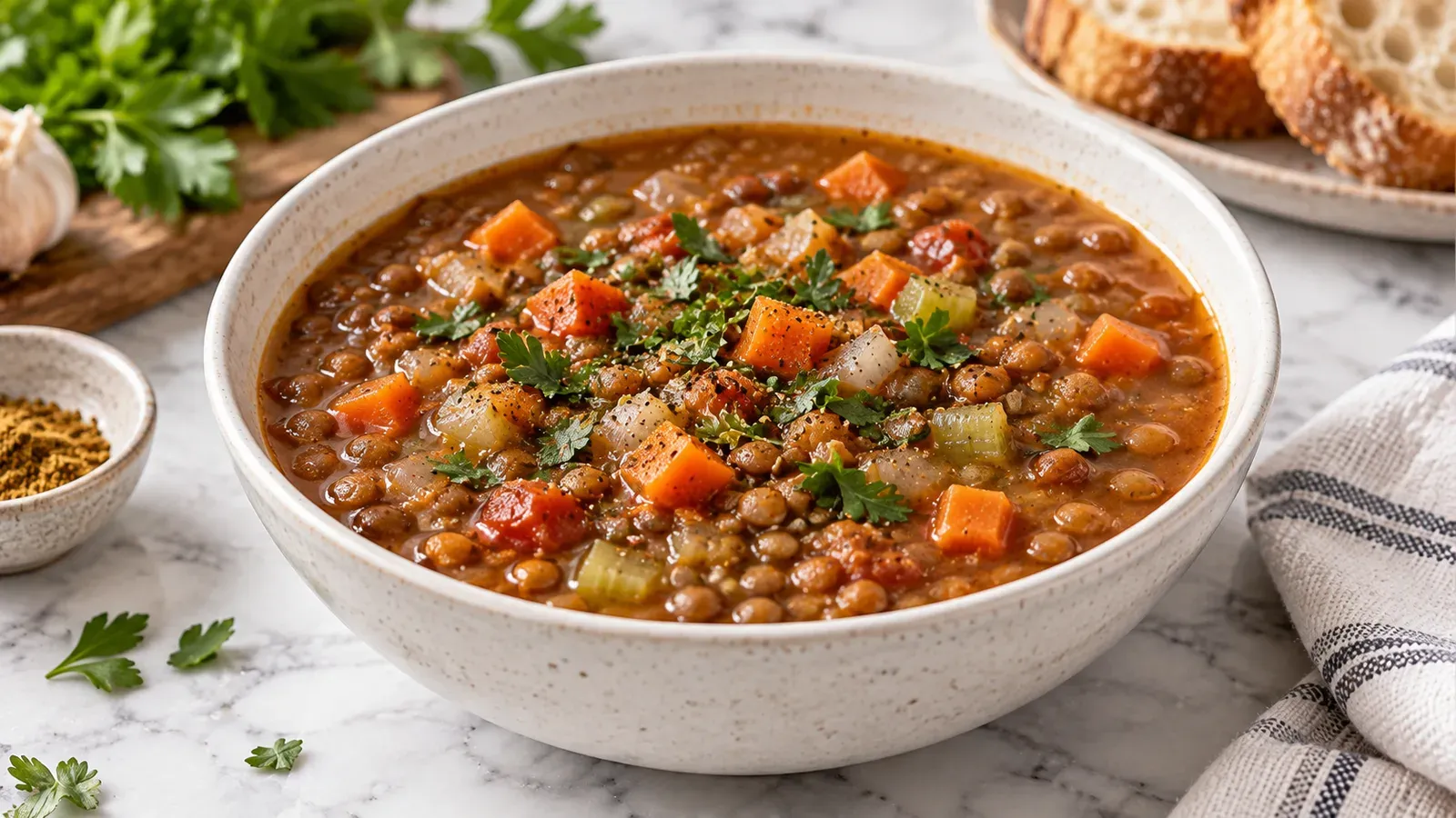 A bowl of high-protein lentil soup with carrot and celery, toasted bread alongside