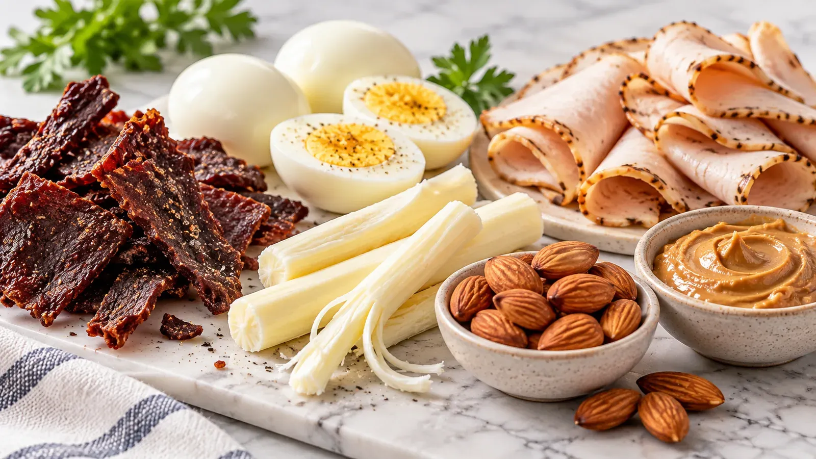 Low-carb high-protein snacks including beef jerky, string cheese, deli turkey, hard-boiled eggs, almonds, and peanut butter.