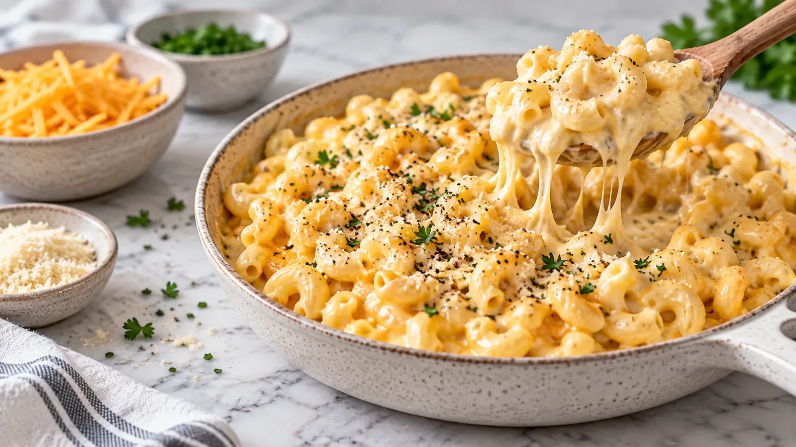 A skillet of high-protein mac and cheese with a wooden spoon lifting a cheesy scoop