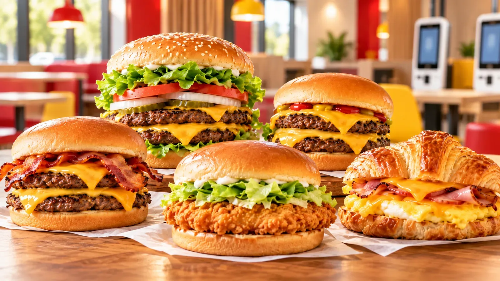 McDonald's-inspired high-protein spread with a double quarter pound cheeseburger, a bacon double cheeseburger, a crispy chicken sandwich, and a bacon, egg, and cheese croissant