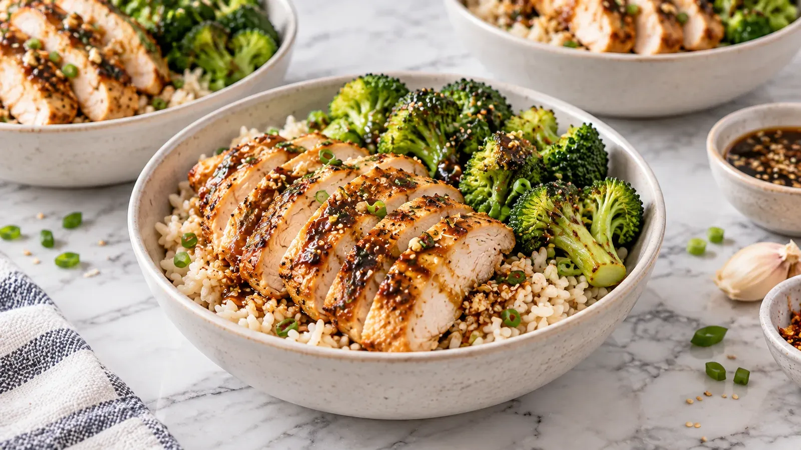 High-protein chicken meal prep bowls with rice and broccoli in glass containers
