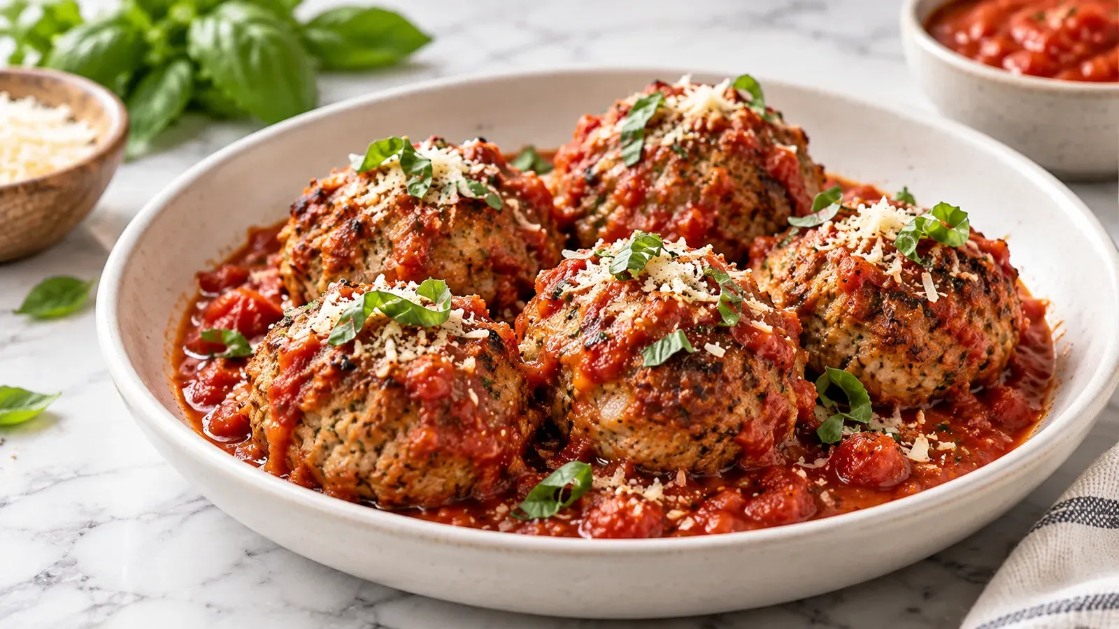 Baked high-protein meatballs in marinara sauce, topped with parmesan and fresh basil