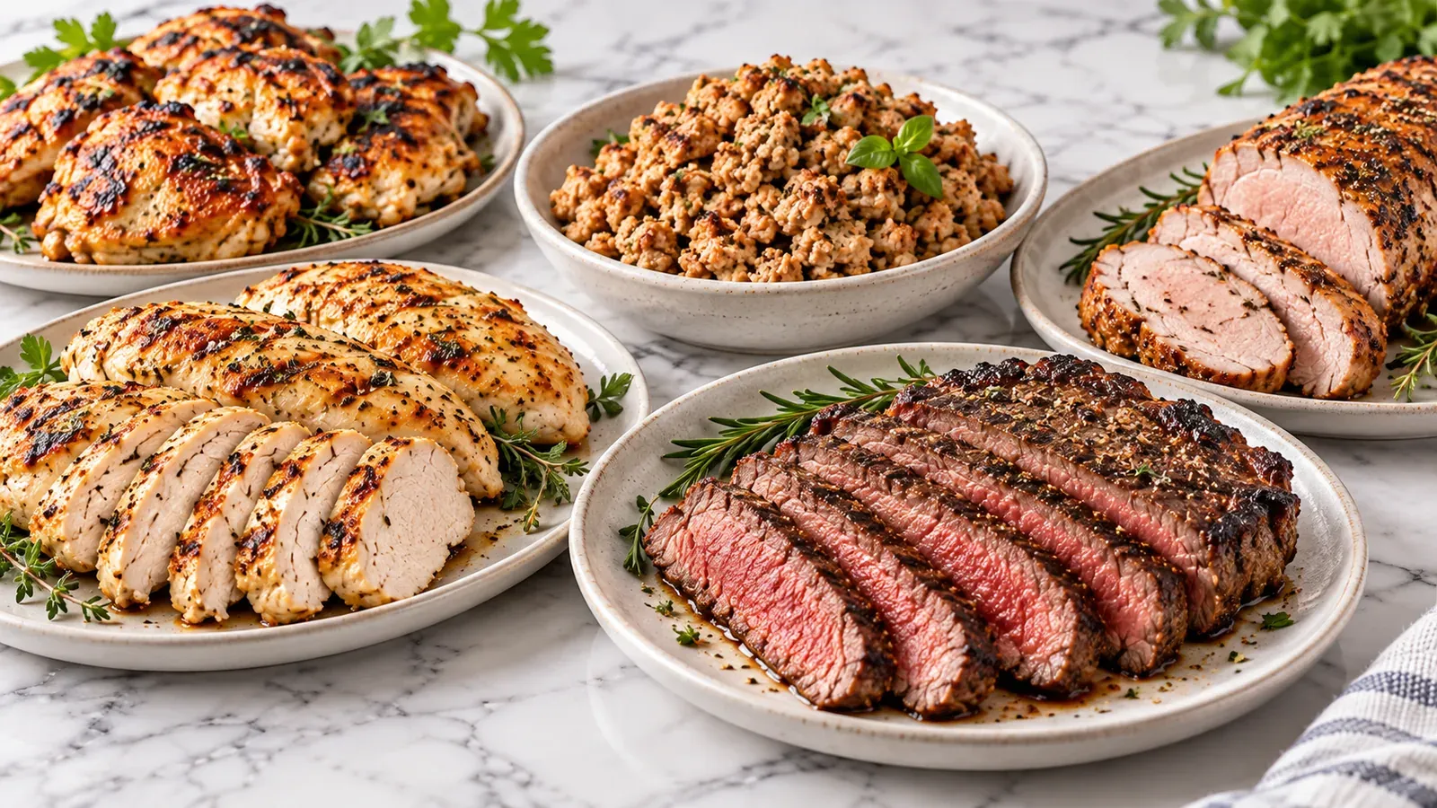 Assortment of cooked high-protein meats including chicken breast, chicken thighs, ground poultry, beef steak, and pork tenderloin.