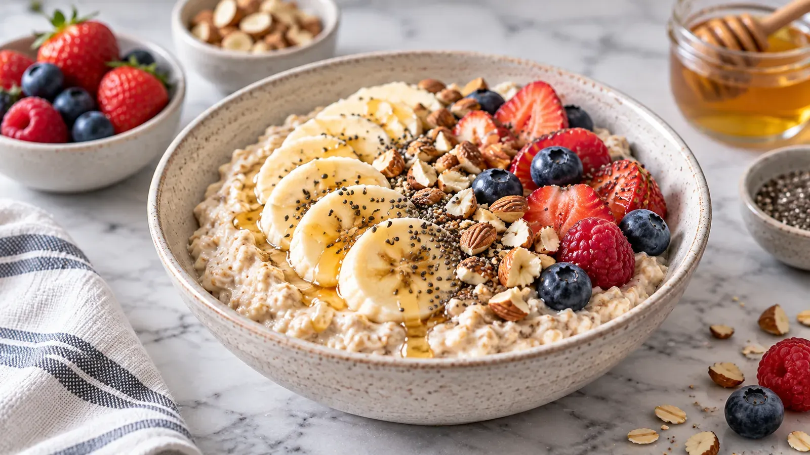 A bowl of high-protein oatmeal topped with sliced banana, berries, chopped nuts, and a drizzle of honey
